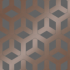 Hexa Geometric wallpaper in charcoal & rose gold