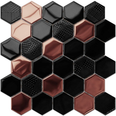 Hexagon glass mosaic on mesh for bathroom or kitchen 247mm x 255mm - Copper Lava