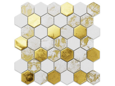 Hexagon glass mosaic on mesh for bathroom or kitchen 300mm x 303mm - White Lava