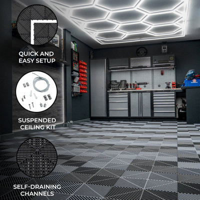 Hexagon LED Lights x 2 & Vented Garage Floor Tiles With Edges - 120 ...