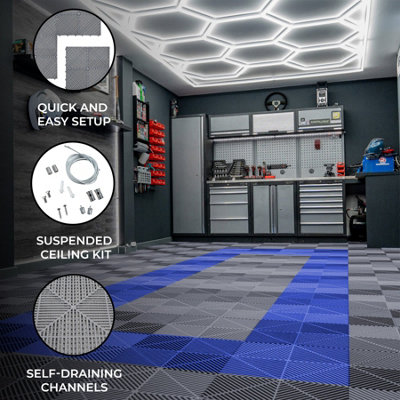 Hexagon LED Lights x 2 & Vented Garage Floor Tiles With Edges - 165 ...