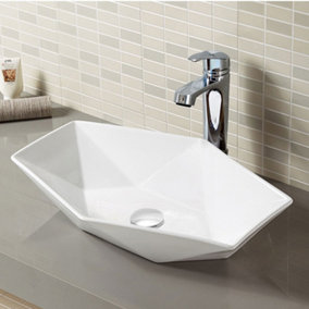 Hexagonal White Ceramic Countertop Basin Bathroom Sink W 580 mm