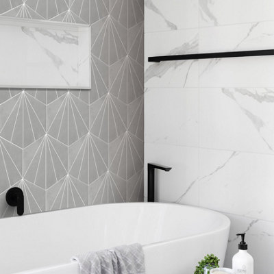 HEXAGONIA GREY/WHITE LILY PATTERN HEXAGON TILE - 6