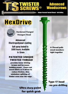 HexDrive from TwisterScrews Hex Head Screw, self Drilling,Green Colour (Dia) 6.7mm (L)100mm, Pack of 25