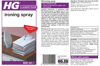 HG Ironing Spray, for Creaseless Ironing, Wrinkle Release Spritz 500ml