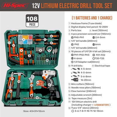 Hi-Spec 108pc Complete Hand Tool Kit Set with Cordless Screwdriver & Drill