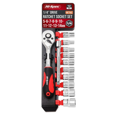 Hi-Spec 12pc 1/4 inch Metric Socket Set with Ratchet Wrench & Extension Bar