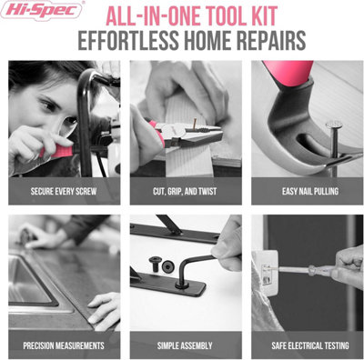 Hi-Spec 13pc Pink Small Compact Hand Tool Kit Set for Home & Office