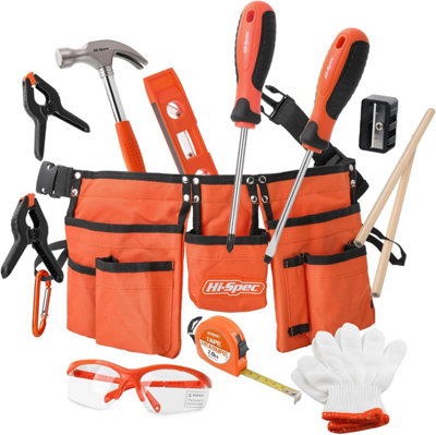 Hi-Spec 16pc Orange Kids Tool Kit Set & Child Size Tool Belt. Learning Tool Kit for Kids