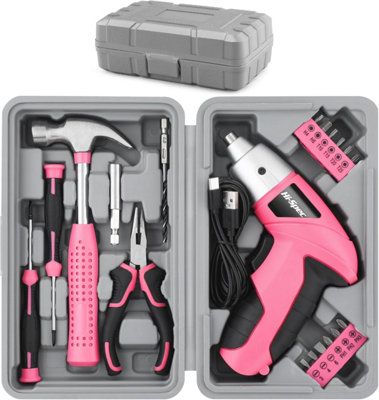 Hi-Spec 19pc 3.6V Pink USB Small Power Screwdriver & Home DIY Tool Kit Set