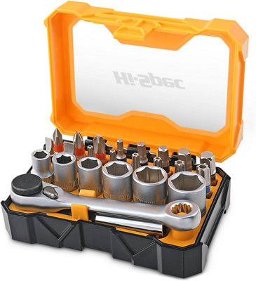 Hi-Spec 24pc Compact 1/4" Metric Socket, Small Screwdriver Cr-V Bits & Mini Ratchet Wrench Set in  Box