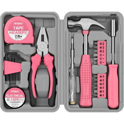 Hi-Spec 24pc Pink Small Mini Home Hand Tool Kit Set. Portable Compact Box for Household & Office Repairs