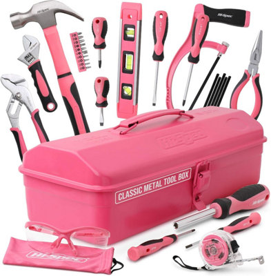 Hi-Spec 33 pc Pink Beginner Tool Kit Set with Metal Box Complete Real Hand Tools for DIY Starters.