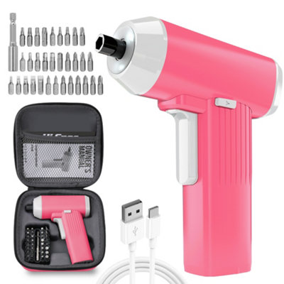 Hi-Spec 34pc 3.6V Pink Compact Electric Power Screwdriver & Bit Set. USB Rechargeable Battery for Cordless Screwdriving