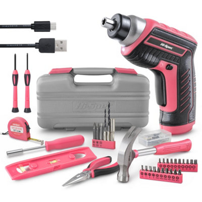 Hi-Spec 35pc Pink 3.6V USB Power Cordless Screwdriver & Home Repair Hand Tool Kit Set for Ladies & Women in a Tool Box