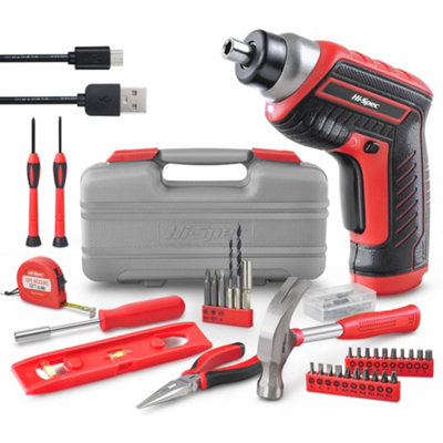 Hi-Spec 35pc Red 3.6V USB Power Cordless Screwdriver & Home Repair Hand Tool Kit Set. Electric Screwdriving in Tool Box