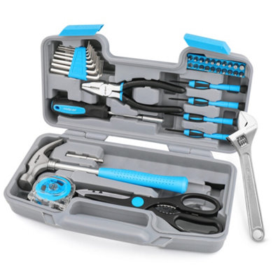 Hi-Spec 40pc Blue Compact Home Hand Tool Kit Set in a Small Portable Tool Box. Basic Household & Office Easy DIY Repairs