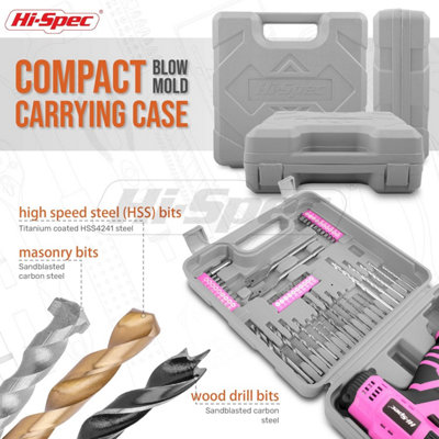 Hi-Spec 50 Piece 12V Cordless Drill Driver Set - Rechargeable, 2-Speed, LED Light, Includes Bits & Carry Case