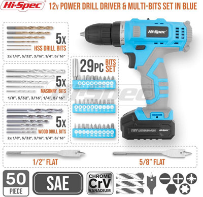 Hi-Spec 50pc Blue 12V Drill Driver Set Cordless Electric Battery Drill ...