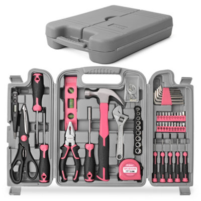 Hi-Spec 56pc Pink Large Home Hand Tool Kit Set. Household, Office & Garage Repairs in a Portable Tool Box