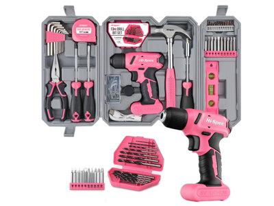 Hi-Spec 57pc Pink 8V USB Electric Drill Driver & Ladies Womens Home Repair Tool Kit Set with Cordless Power Screwdriver