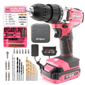 Hi-Spec 58pc Pink 18V Electric Drill Driver & Multi Bit Set in a Compact Case. Cordless Power Screwdriving & Drilling