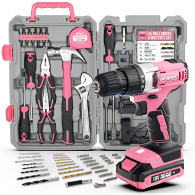 Hi-Spec 81pc Pink 18V Electric Drill Driver & Home Repair Hand Tool Kit Set. Ladies & Women Cordless Power in a Tool Box