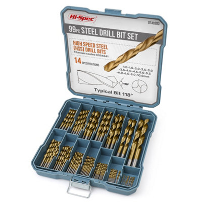 Hi-Spec 99pc Metric Drill Bit Set. 1 to 10mm HSS Titanium Coated. High Speed Spring Steel for Metal, Wood and Plastics