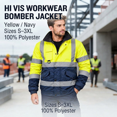 Hi Vis Bomber Jacket Men Padded Reflective Safety Workwear Coat ...