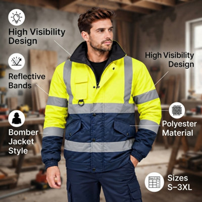 Hi Vis Bomber Jacket Men Padded Reflective Safety Workwear Coat ...