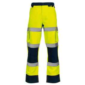 Hi Vis Two Tone 3 Band Combat Trousers - Yellow/ Navy - Long 28W