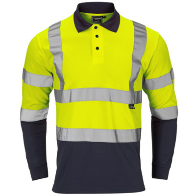 Hi Viz Two Tone Long Sleeve Bird Eye Polo Shirt- Yellow/ Navy - Large