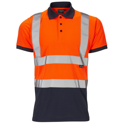 Hi Viz Two Tone Short Sleeve Bird Eye Polo Shirt- Orange/ Navy - Small