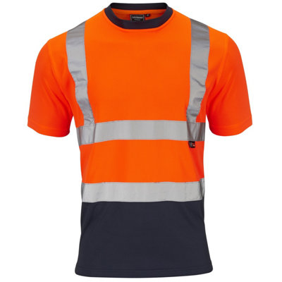 Hi Viz Two Tone Short Sleeve Bird Eye Tee Shirt- Orange/ Navy - 4XL