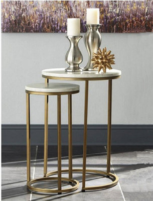 Hiba Marble Nest of Tables in White with Gold Metal Bases