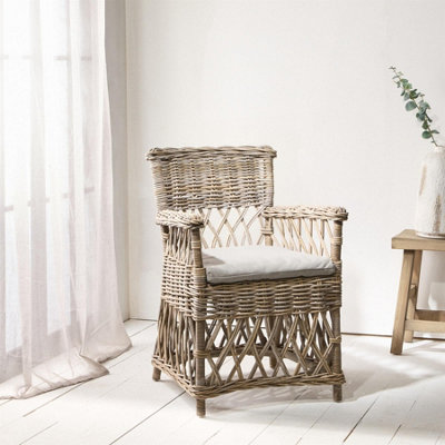 High Back Armchair Grey Removable Cushion Seat with a Classic Rattan Weave Frame