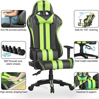 High Back Racing Office Computer Chair Ergonomic Video Game Chair with Height Adjustable Headrest and Lumbar Support(Green)
