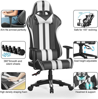 High Back Racing Office Computer Chair Ergonomic Video Game Chair with Height Adjustable Headrest and Lumbar Support(White)