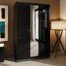 High Gloss Black 3 Door Mirrored Triple Wardrobe