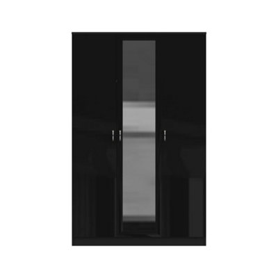 High Gloss Black 3 Door Mirrored Triple Wardrobe