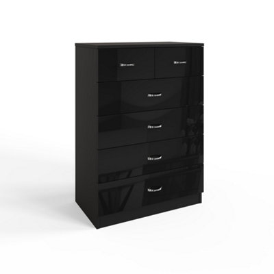 High Gloss Black Large 6 Drawer Chest Of Drawers