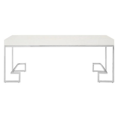 High Gloss Chunky White Coffee Table With Chrome Metal Frame in White Silver Colour