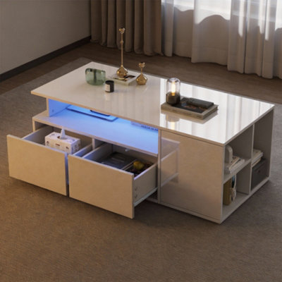 High Gloss Coffee Table with LED Lights 2Darwers Light Up Space-saving ...