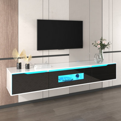 High Gloss Floating Black TV Stand Unit with Colour Changing LED Lights TV Console Table for Living Room Cabinet