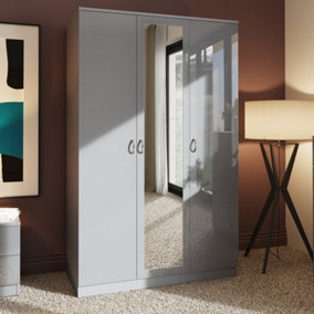 High Gloss Grey 3 Door Mirrored Triple Wardrobe