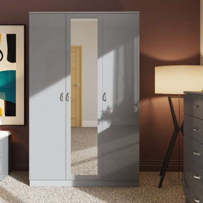 High Gloss Grey 3 Door Mirrored Triple Wardrobe