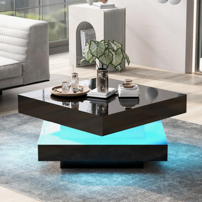 High Gloss LED Coffee Table with Rotating Top, Black