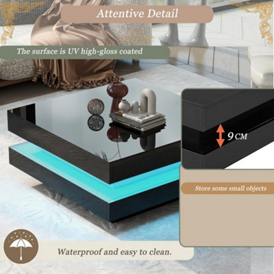 High Gloss LED Coffee Table with Rotating Top, Black