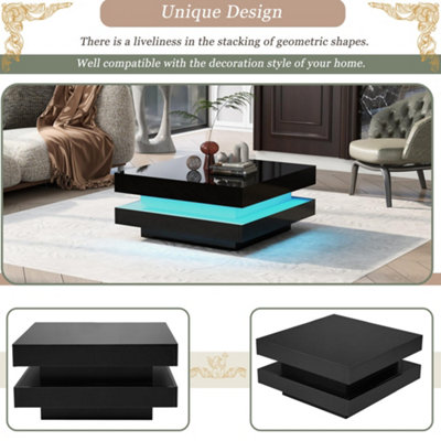 High Gloss LED Coffee Table with Rotating Top, Black