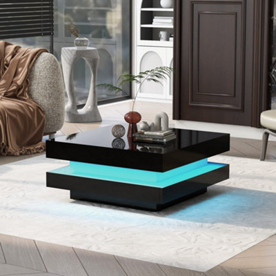 High Gloss LED Coffee Table with Rotating Top, Black